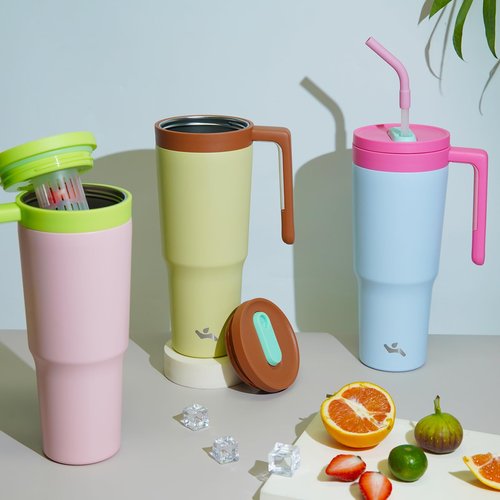 Insulated Tumbler with Handle and Straw,40 OZ Vacuum Stainless Steel Water Bottle Travel Mug Metal Cup with Fruit Diffuser,Pink Grey