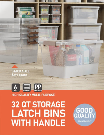 WYT 32 Qt Clear Plastic Storage Bins - Durable Lids & Latching Buckle | 6-Pack Stackable Tote Boxes