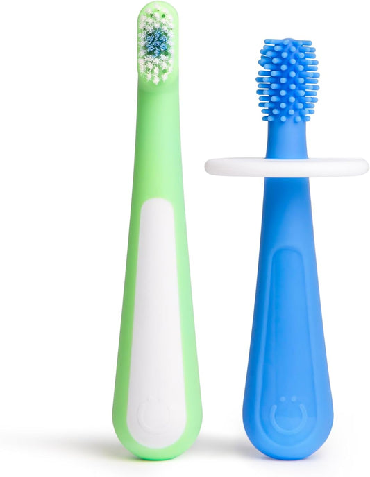 Ubbi Grow With Me Toothbrush Training Set - 360° Food-Grade Silicone & Soft Bristles | Polaris Blue & Zest Green