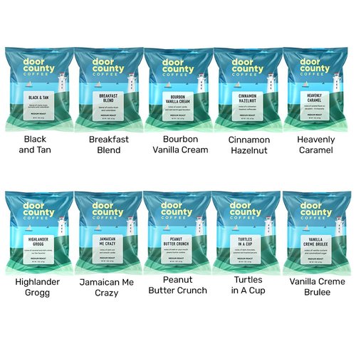 Door County Coffee Gourmet Flavored Coffee Sampler Pack - 10 Unique Specialty Grade 1 Arabica Bags | 1.5 oz Each