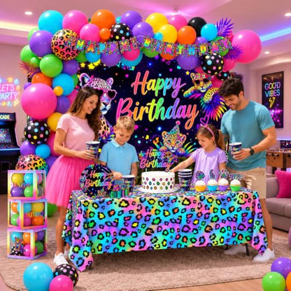 Rainbow Cheetah Birthday Decorations Set with Backdrop, Balloons, Cake Toppers