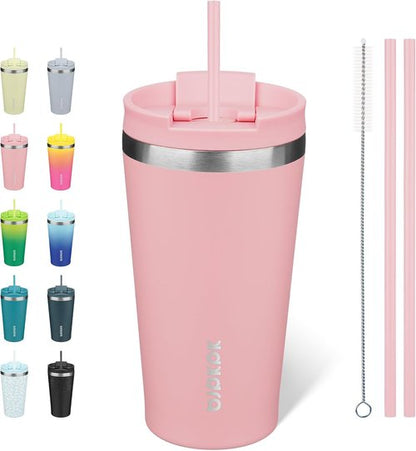 BJPKPK 18oz Insulated Stainless Steel Travel Coffee Mug - Light Pink with Lid & Straw