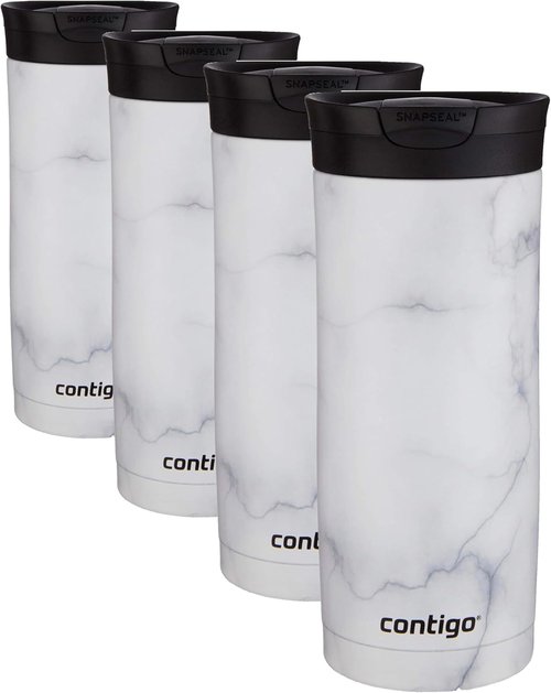 Contigo Huron 16oz Travel Mug - Vacuum-Insulated, Leak-Proof, Keeps Drinks Hot/Cold, White Marble Finish | Pack of 4