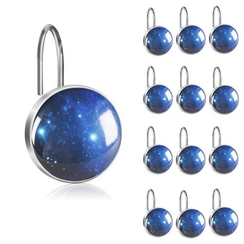 Ruvenis Galaxy Shower Curtain Hooks Set of 12, Metal Shower Hooks for Bathroom, Decorative Blue Space Shower Curtain Rings, Rust-Resistant Bathroom Accessories