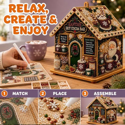 Christmas Wooden House Diamond Art Kit 3D Pearl & Rhinestone Decor - 2PCS