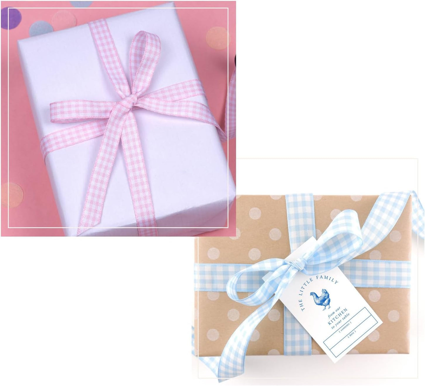 Skiennix Gingham Ribbon - Thin Checkered Polyester for Gift Wrapping & Crafts | Pink/Blue, 10 Yds x 3/8 in