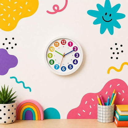 Vaulted Skulls & Co 8-Inch Silent Wall Clock – White & Multicolor, Battery-Operated Quartz