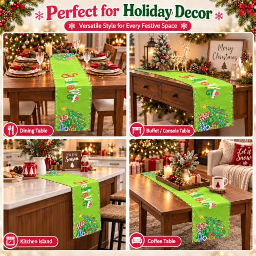 Christmas Green Linen Table Runner 13x72 Inch Holiday Decor