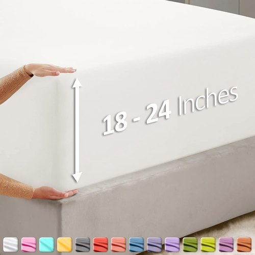 Hearth & Harbor Queen Fitted Sheet - Extra Deep Pocket for 18-24 Inch Mattresses | Ultra Soft 1800 Microfiber, Wrinkle-Free, White