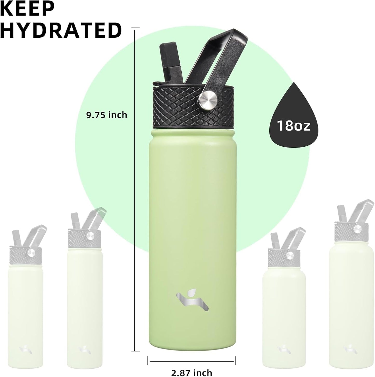 Skiennix 18 oz Insulated Stainless Steel Water Bottle - Sport Design with 3 Lids | Macaron Green