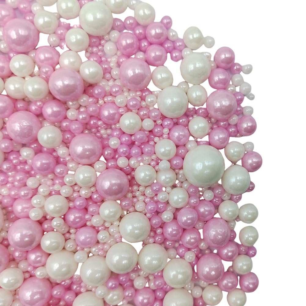 Skiennix Edible White & Pink Sugar Pearls | 120g Baking Sprinkles for Cakes & Cupcakes