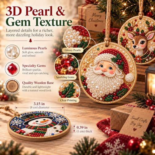 Wooden Christmas Ornaments DIY Kit with Pearls & Gems - 6 Pieces - J#