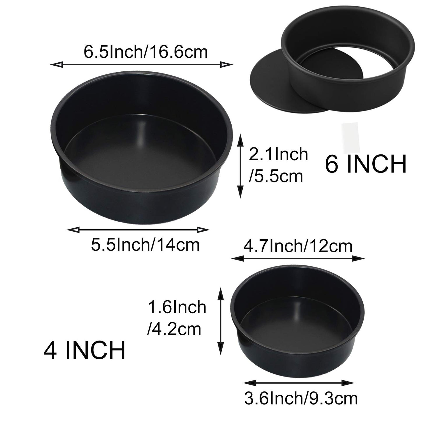 HMIN Round Cake Pan, Removable Bottom Cheesecake Pans, 4 Inch and 6 Inch Carbon Steel Non-Stick Cake Pan Set of 4 (4 and 6 Inch), Black