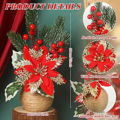 2 Pcs Artificial Christmas Poinsettia Flowers with Holly Berries - Holiday Decor