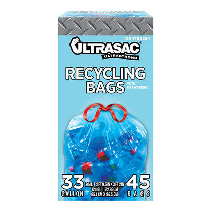 Ultrasac Blue Recycling Bags 33 Gallon 0.9 MIL, 33.5" x 38" - Pack of 45 - For Recycling, Kitchen, Industrial, & Commercial