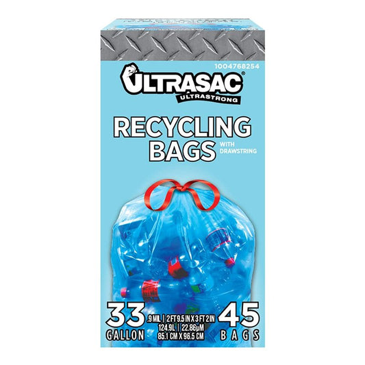 Ultrasac Blue Recycling Bags 33 Gallon 0.9 MIL, 33.5" x 38" - Pack of 45 - For Recycling, Kitchen, Industrial, & Commercial
