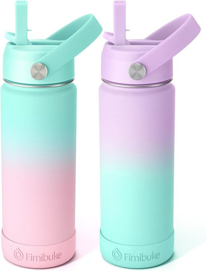 Fimibuke Kids Insulated Water Bottle - 18oz BPA-Free Stainless Steel Tumbler with Straw | Leak-Proof Design (2 Pack, Candy/Bubble)