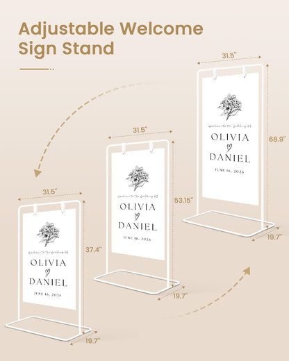 Wedding Welcome Sign Stand, Welcome to our Wedding Sign Holder, White Easel Stand for Sign Poster With Design Bundle & Ground Stakes & Leather Sign Hanging Straps, Linen Sign Stand for Wedding Decor