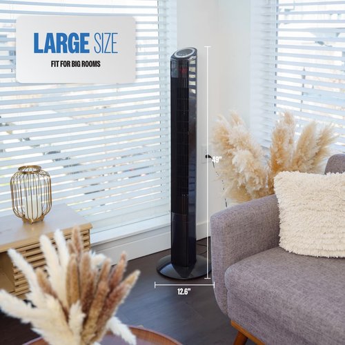 Hazel 49 Inch Tower Fan for Bedroom - Oscillating Standing Fan with Remote Control, Quiet Cooling for Home Office & Living Room, 3 Speeds, Timer, LED Display - Black