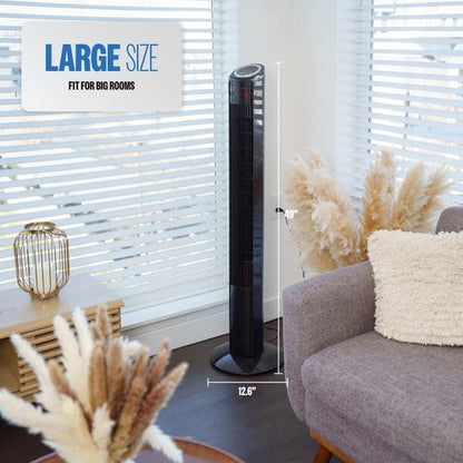 Hazel 49 Inch Tower Fan for Bedroom - Oscillating Standing Fan with Remote Control, Quiet Cooling for Home Office & Living Room, 3 Speeds, Timer, LED Display - Black