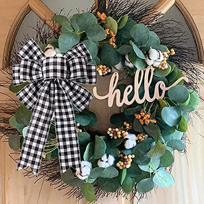 Christmas Wreath Bow Decoration with Black and White Buffalo Plaid Ribbon, 10x15.7 in