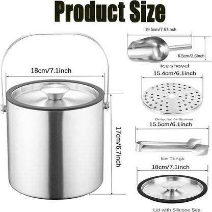 3L Double-Wall Insulated Ice Bucket with Lid, Ice shovel &Tongs and Strainer, Stainless Steel Ice Bath Tub with Silicone Sealed Lid for Wine, Ice Buckets for Parties, Wine Chiller, Light Sliver