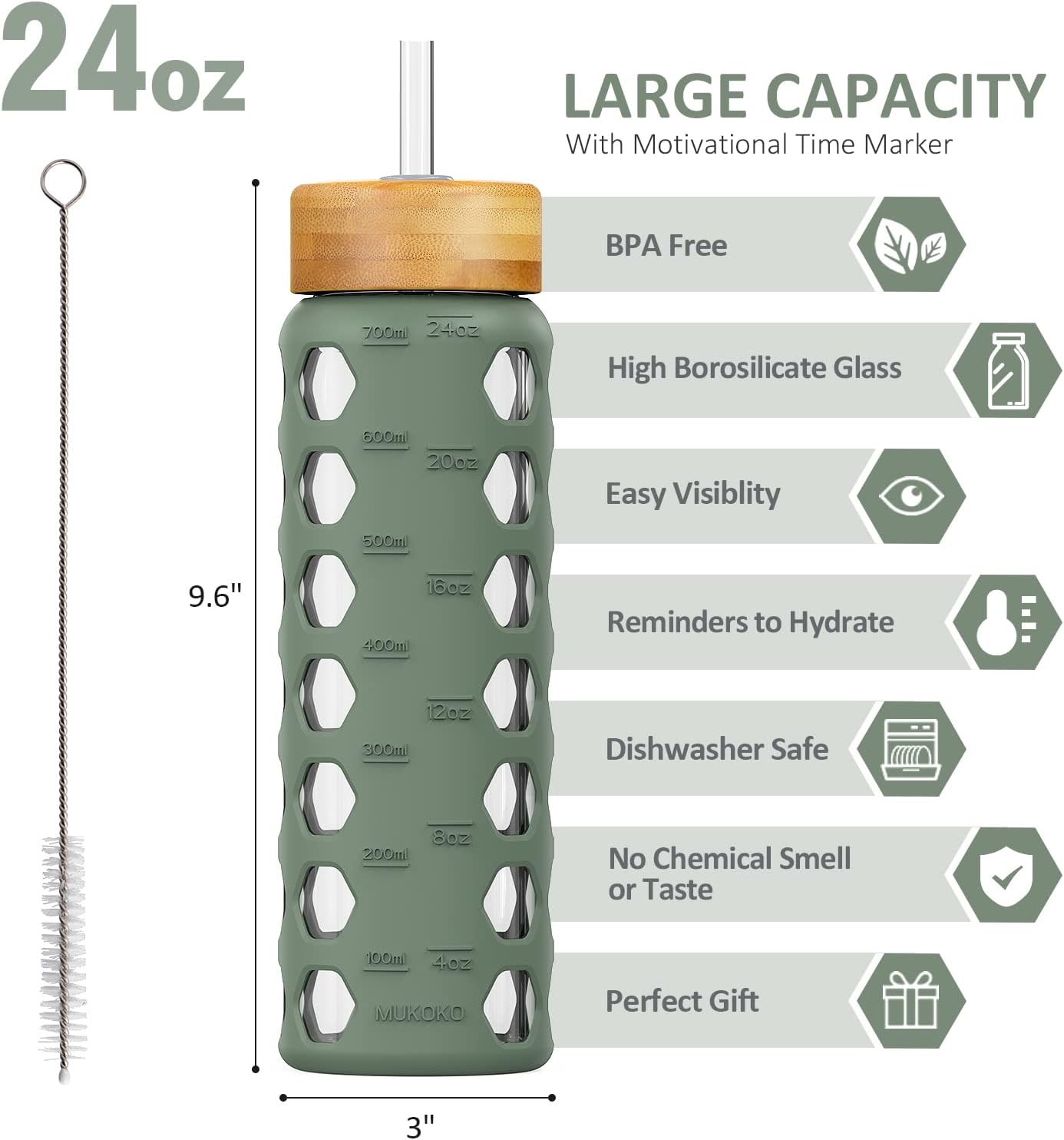 MUKOKO 24oz Glass Water Bottle - Motivational Tumbler with Time Markers & Silicone Sleeve | Olive