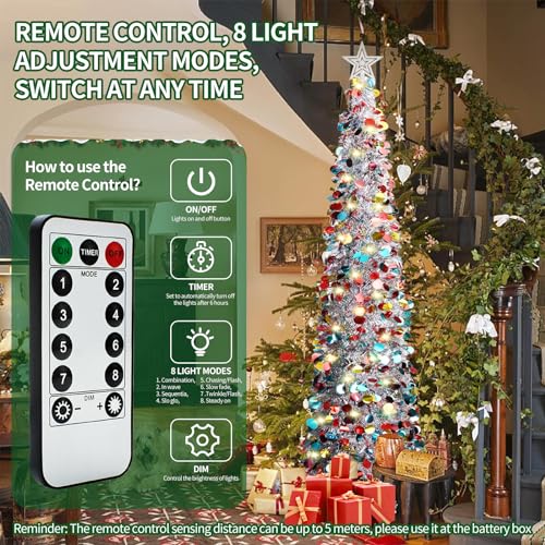 Pop Up Christmas Tinsel Tree with Remote Lights - Collapsible Silver 5FT