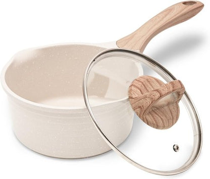 JEETEE Nonstick 2 Quart Saucepan with Lid - Stone Coating for Induction Cooking (Beige)