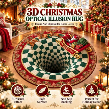 Christmas 3D Optical Illusion Rug - Santa Claus Holiday Decor, Round Non-Slip Mat (D)