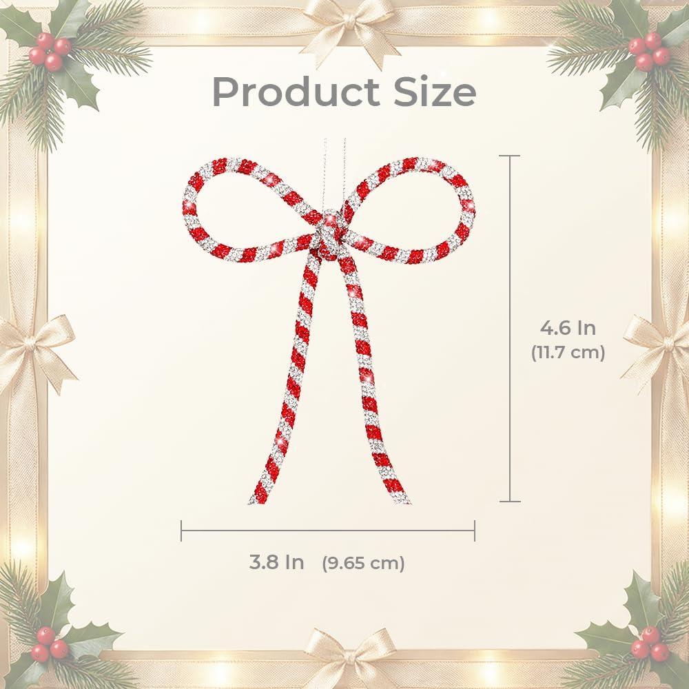 Regine Switzerland Handmade Rhinestone Christmas Bow Ornaments - Glitter Candy Cane Design | Red & Silver, Small, Reusable Holiday Décor