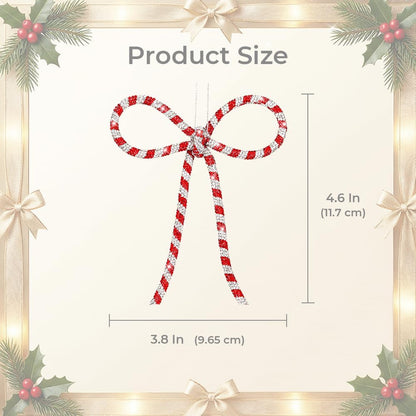 Regine Switzerland Handmade Rhinestone Christmas Bow Ornaments - Glitter Candy Cane Design | Red & Silver, Small, Reusable Holiday Décor