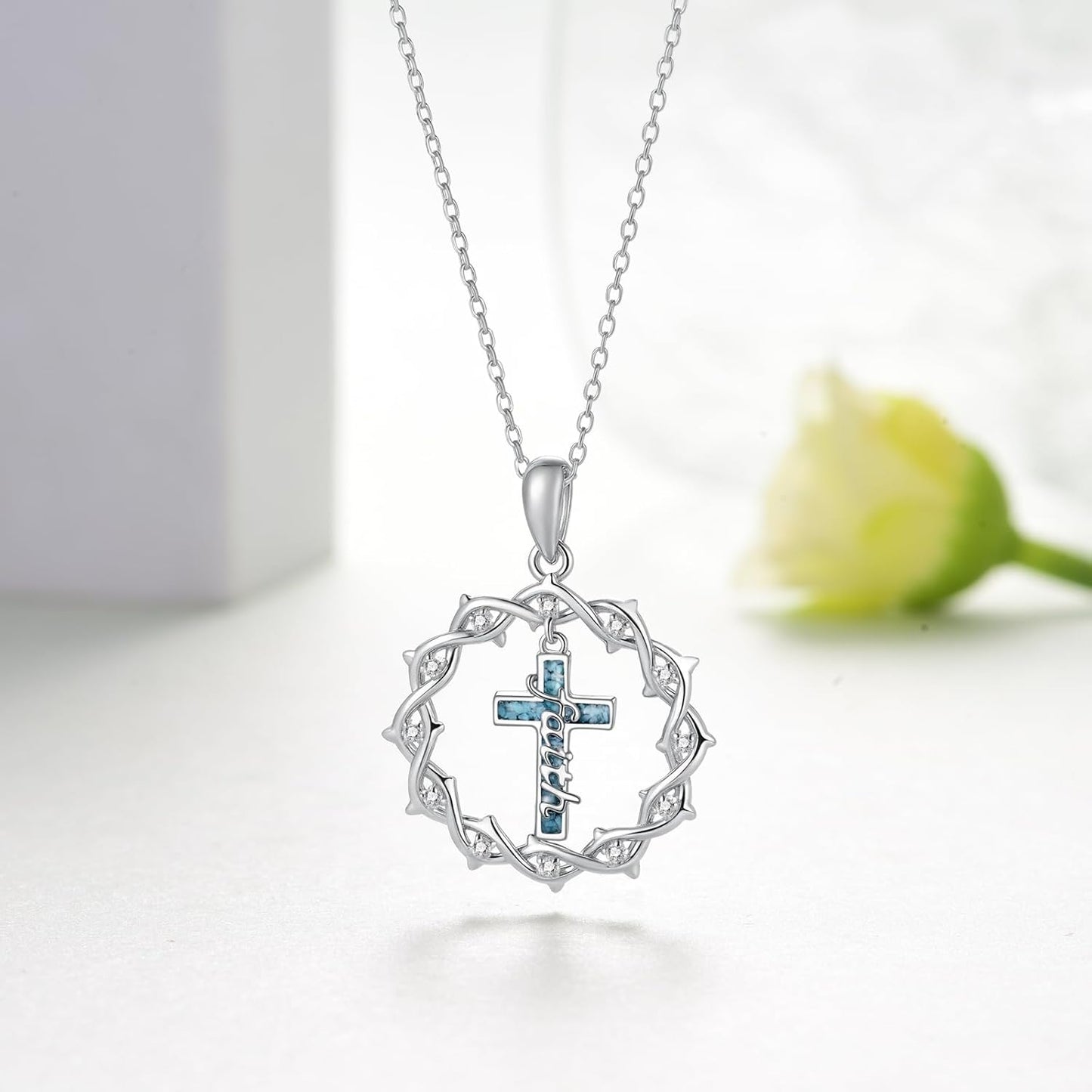 Regine Switzerland 925 Sterling Silver Cross Necklace - Turquoise Crown of Thorns Pendant for Women