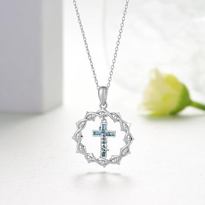 Regine Switzerland 925 Sterling Silver Cross Necklace - Turquoise Crown of Thorns Pendant for Women