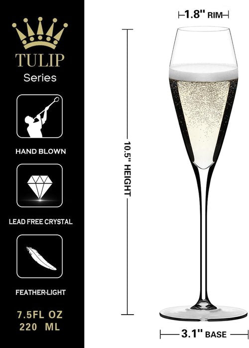 Champagne Flutes Glasses Set of 4, Hand Blown Crystal Wedding Flutes Glass, Ideal for Weddings, Anniversaries, Christmas, Special Days, 10.5 inch, 7.5 oz, Clear