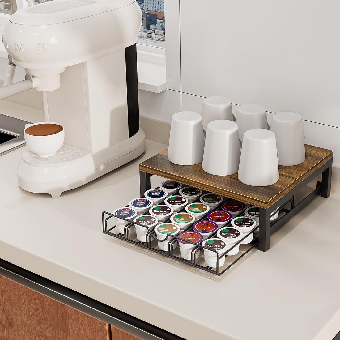 Skiennix Coffee Pod Holder Drawer - 1 Tier K-Cup Storage Organizer Under Coffee Pot | Black Finish