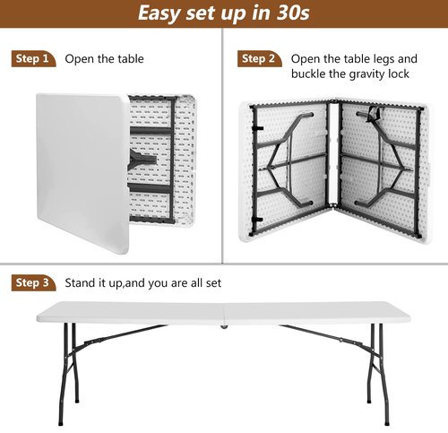 FDW Folding Half Portable Foldable Table for Parties Backyard Events (White, 6 FT 70 * 29) (White, 8 FT)