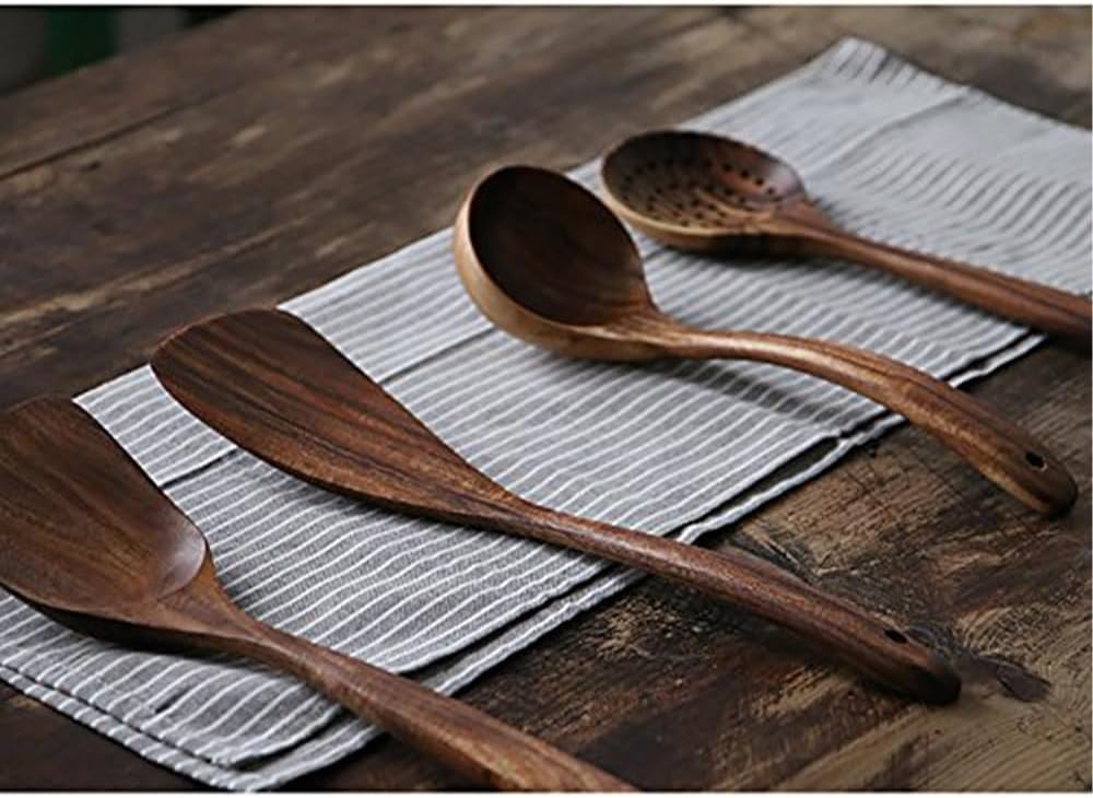 Skiennix Wooden Spoons Set - 4-Piece Luxury Natural Teak Utensils for Nonstick Cookware | Ideal Gift for Home Chefs