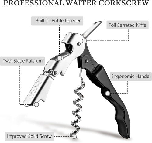 HYZ 2-Pack Wine Opener Waiter Corkscrew, Professional Wine Key for Servers, Bartender, with Foil Cutter, Manual Wine Bottle Opener Double Hinged (Black)