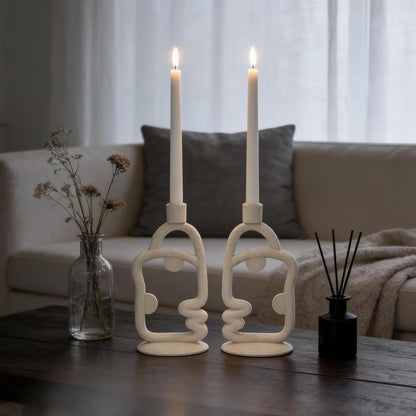 Skiennix Face Decorative Taper Candle Holder - Modern Abstract Design | Beige Tall Centerpiece Decor