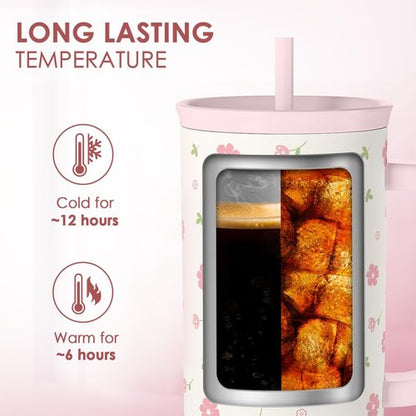 Floral 40oz Tumbler with Handle & Straw | Insulated Stainless Steel Travel Mug for Women - Perfect Gift for Any Occasion