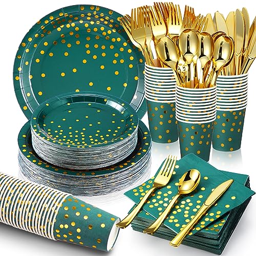 560Pcs Green and Gold Party Supplies Set for 80 Guests - Plates Cups Napkins Cutlery