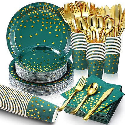 560Pcs Green and Gold Party Supplies Set for 80 Guests - Plates Cups Napkins Cutlery