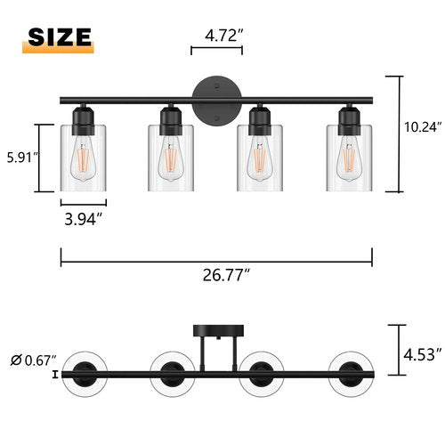 Espird 4 Light Bathroom Vanity Light Fixtures Black,Rustic Farmhouse Vanity Lighting Over Mirror Modern Industrial Lamp with Cylinder Glass Shade UL Certified