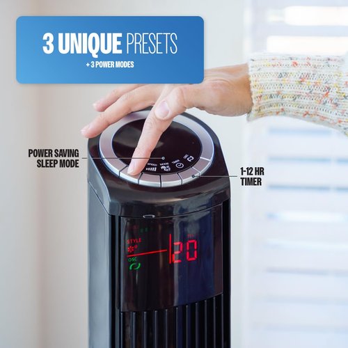 Hazel 49 Inch Tower Fan for Bedroom - Oscillating Standing Fan with Remote Control, Quiet Cooling for Home Office & Living Room, 3 Speeds, Timer, LED Display - Black