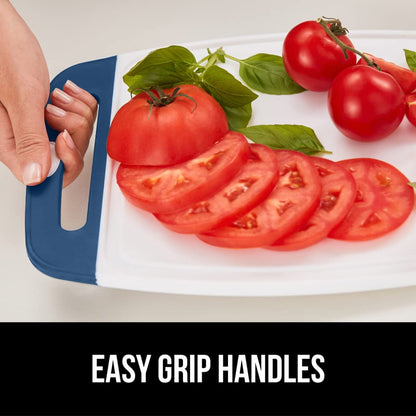 The Original Gorilla Grip Oversized 100% BPA Free Reversible Durable Kitchen Cutting Board Set of 3, Juice Grooves, Dishwasher Safe, Easy Grip Handle Border, Food Chopping Boards, Cooking, Blue