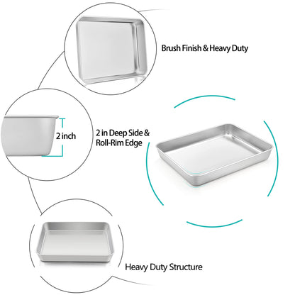 TeamFar Rectangular Cake Pan, 10.5’’ x 8’’ x 2’’ Stainless Steel BakingLasagna Cake Pan, Non-Toxic & Heavy Duty, Brushed Surface & Deep Side, Easy Clean & Dishwasher Safe - 4 PCS