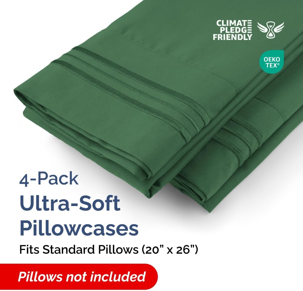 Skiennix Standard Pillow Cases Set of 4 - Ultra Soft Hotel Quality Covers - Emerald Green, Machine Washable