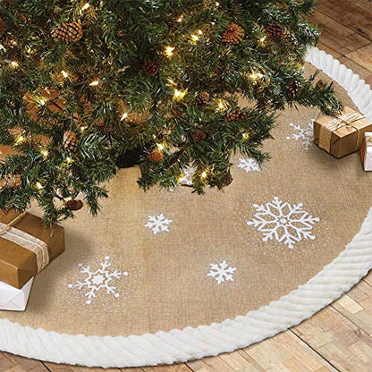 48 Inch Christmas Tree Skirt Burlap Snowflake Farmhouse Decor with Fur Edge
