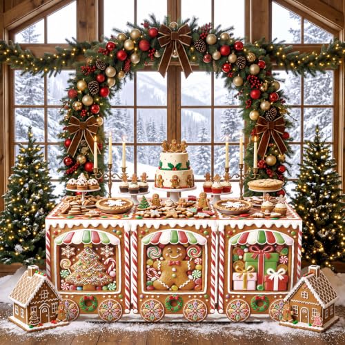 Christmas Gingerbread Train Tablecloth Set - 6 ft Holiday Party Decor Variation of 2 / Train